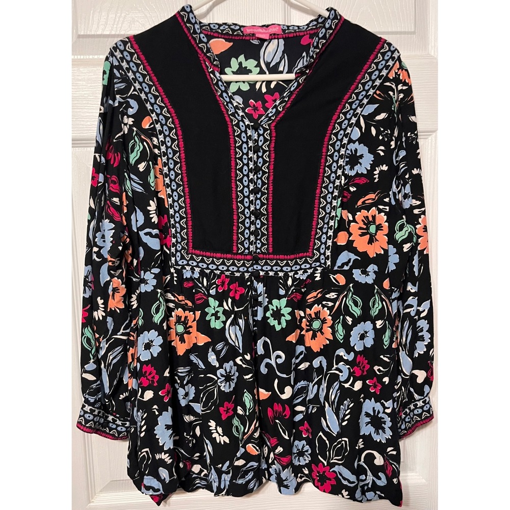 Woman Within Floral Tunic Top Black Multi Embroidery Rayon Plus Size L 18/20